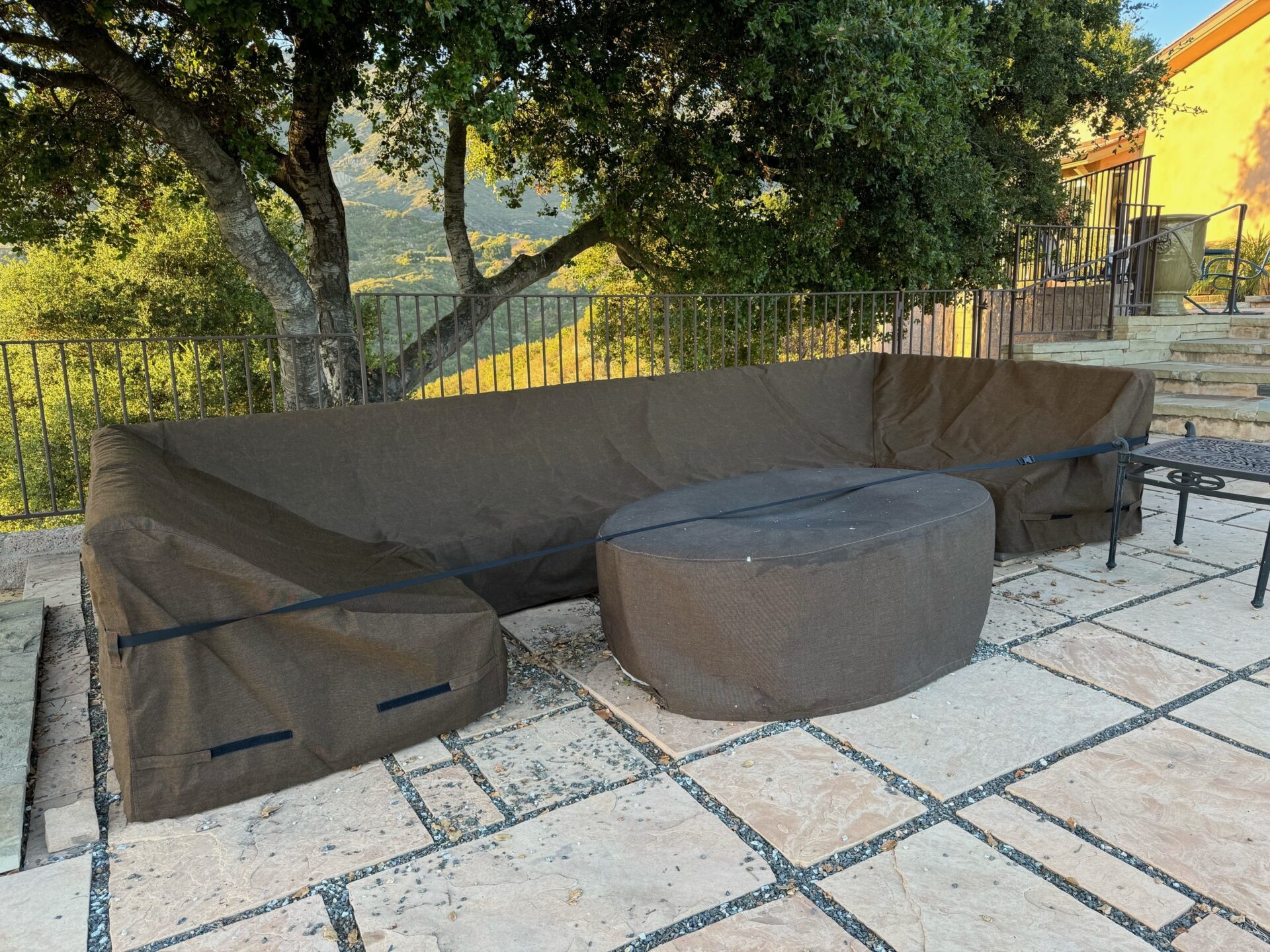 Custom U Shaped Sectional Cover with Belt Loop Buckle Strap - Sunberlla Marine Walnut Brown Tweed